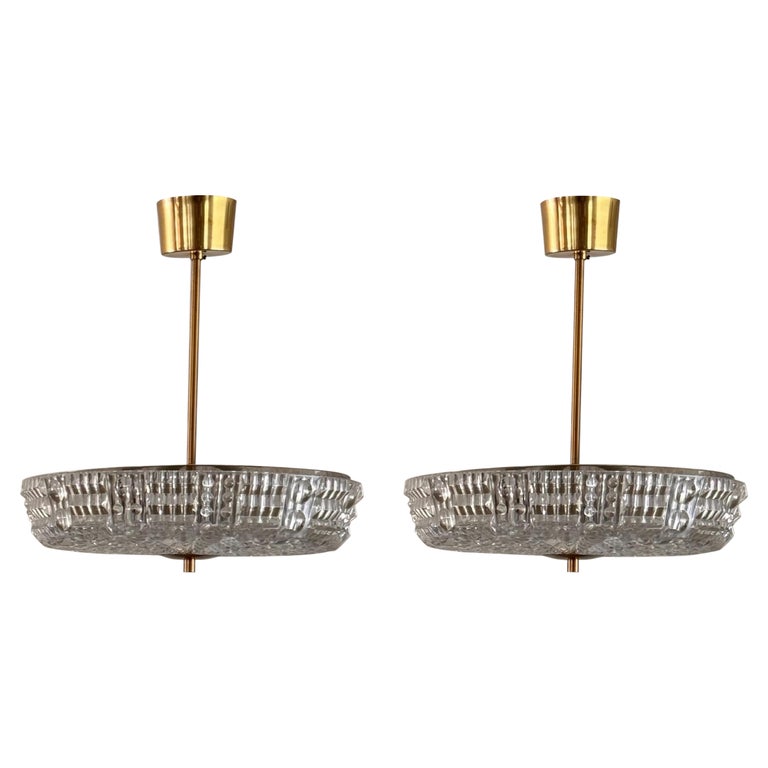 Orrefors Brass and Crystal Ceiling Lamps by Carl Fagerlund, Sweden, 1960s