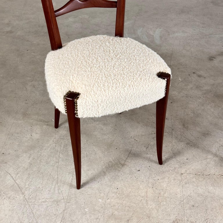 Pair of 1950s Paolo Buffa Chiavari Chairs in Ebonized Wood & White Bouclé