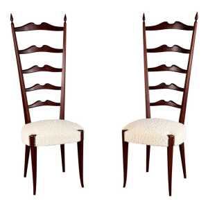 Pair of 1950s Paolo Buffa Chiavari Chairs in Ebonized Wood & White Bouclé