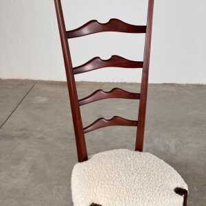 Pair of 1950s Paolo Buffa Chiavari Chairs in Ebonized Wood & White Bouclé