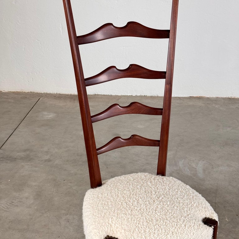 Pair of 1950s Paolo Buffa Chiavari Chairs in Ebonized Wood & White Bouclé