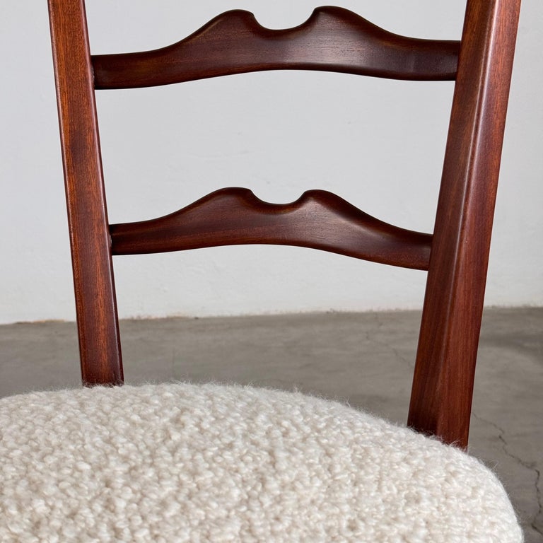 Pair of 1950s Paolo Buffa Chiavari Chairs in Ebonized Wood & White Bouclé