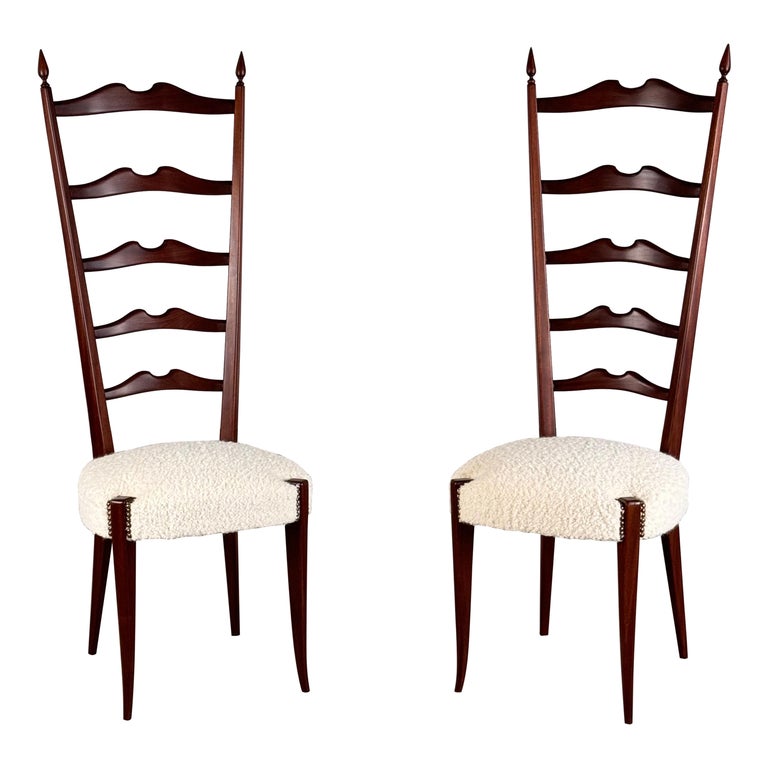 Pair of 1950s Paolo Buffa Chiavari Chairs in Ebonized Wood & White Bouclé