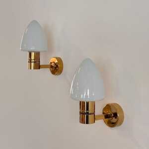 Pair of Hans-Agne Jakobsson Model V-220 Brass and Opaline Glass Sconces, 1960s