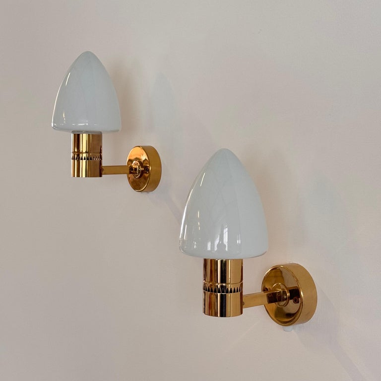 Pair of Hans-Agne Jakobsson Model V-220 Brass and Opaline Glass Sconces, 1960s