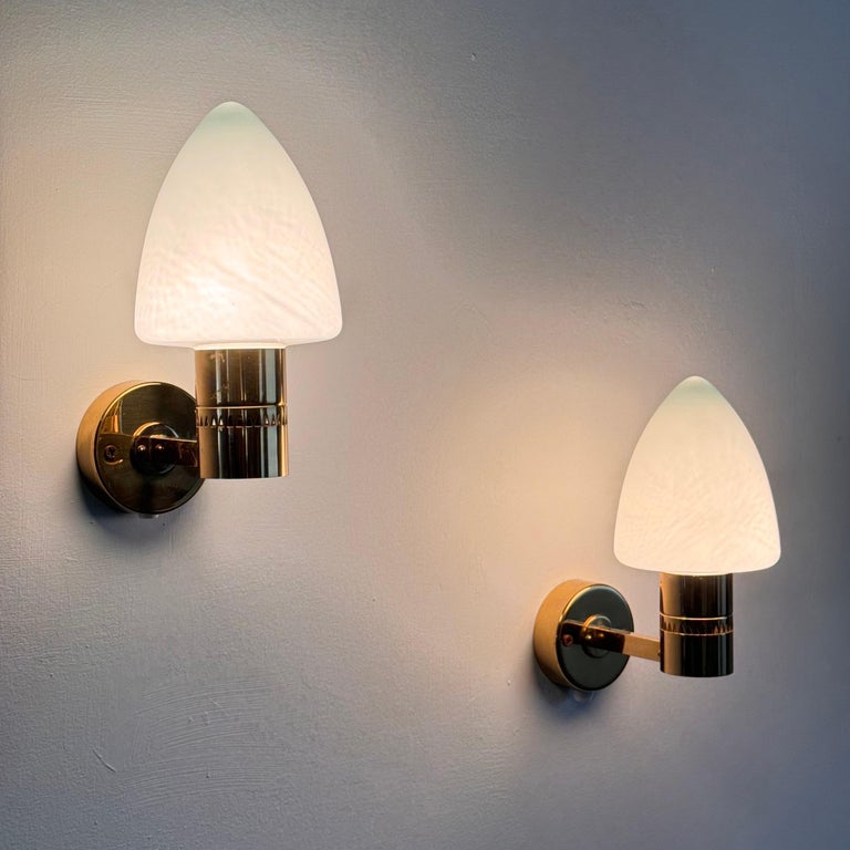 Pair of Hans-Agne Jakobsson Model V-220 Brass and Opaline Glass Sconces, 1960s