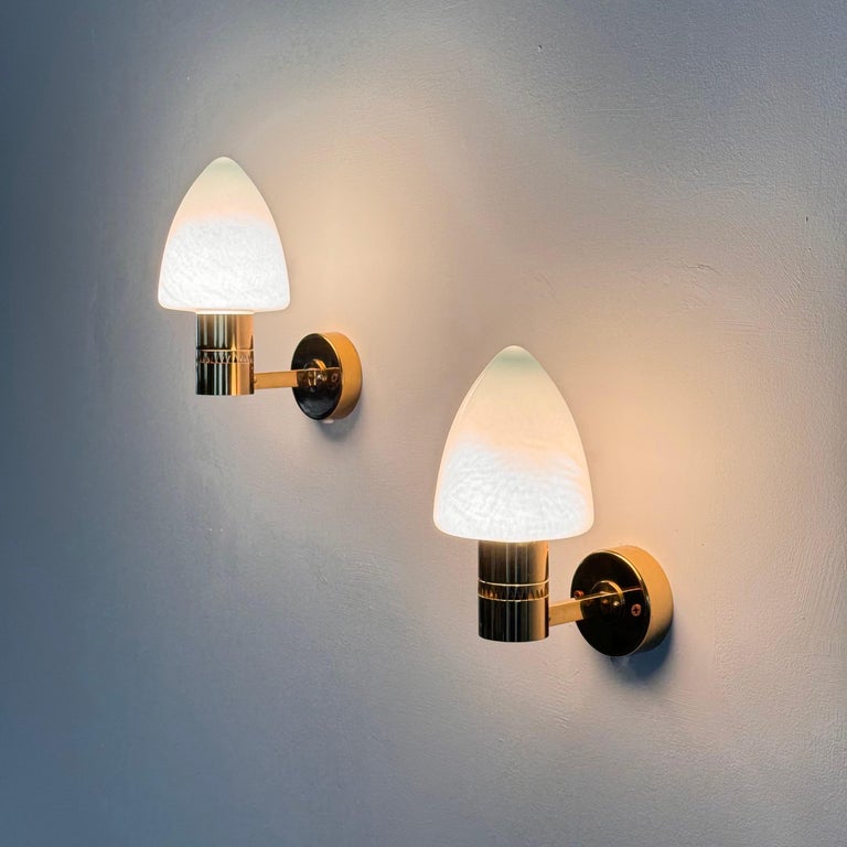 Pair of Hans-Agne Jakobsson Model V-220 Brass and Opaline Glass Sconces, 1960s