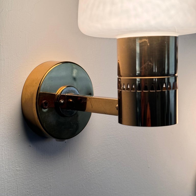 Pair of Hans-Agne Jakobsson Model V-220 Brass and Opaline Glass Sconces, 1960s