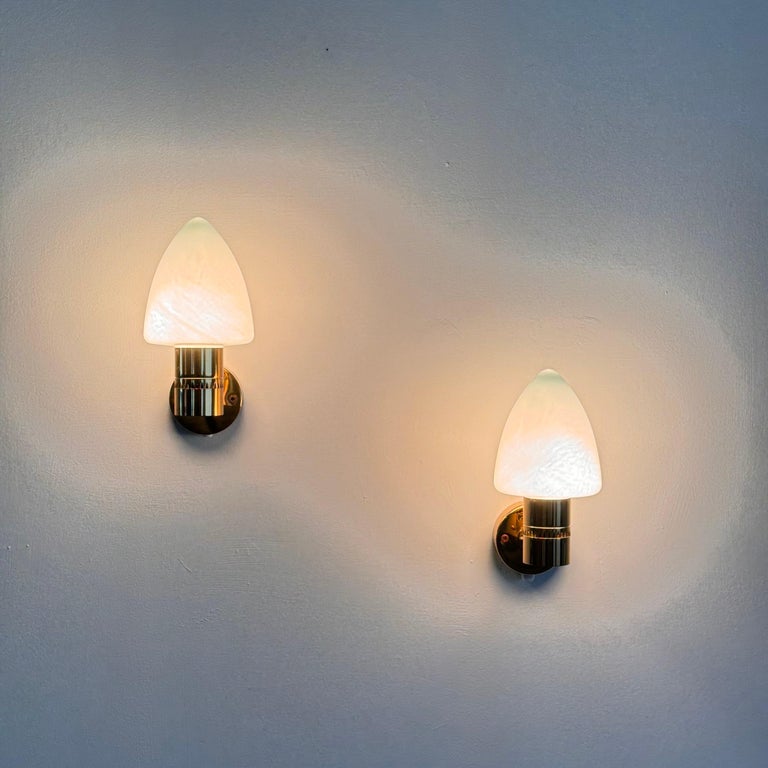 Pair of Hans-Agne Jakobsson Model V-220 Brass and Opaline Glass Sconces, 1960s