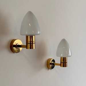 Pair of Hans-Agne Jakobsson Model V-220 Brass and Opaline Glass Sconces, 1960s