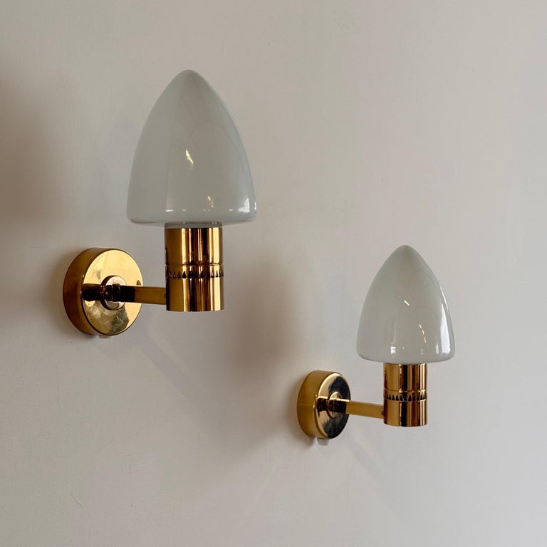 Pair of Hans-Agne Jakobsson Model V-220 Brass and Opaline Glass Sconces, 1960s