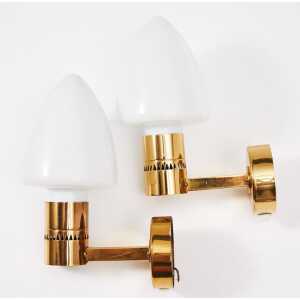 Pair of Hans-Agne Jakobsson Model V-220 Brass and Opaline Glass Sconces, 1960s