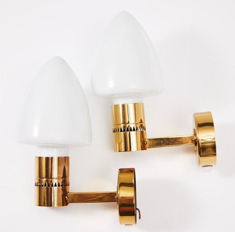 Pair of Hans-Agne Jakobsson Model V-220 Brass and Opaline Glass Sconces, 1960s