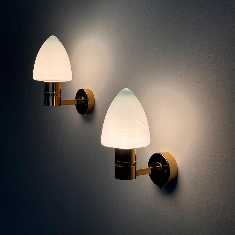 Pair of Hans-Agne Jakobsson Model V-220 Brass and Opaline Glass Sconces, 1960s