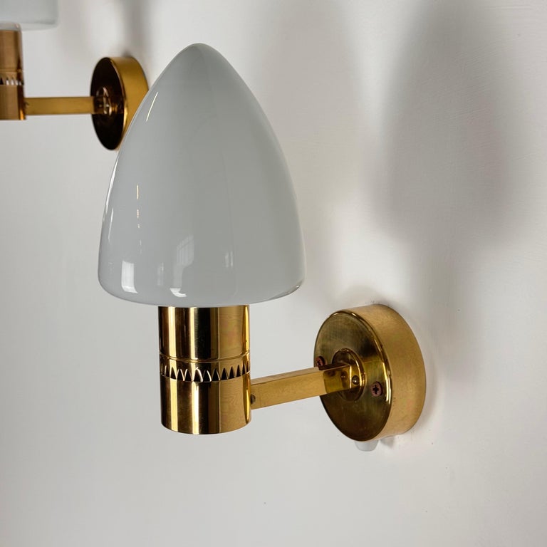 Pair of Hans-Agne Jakobsson Model V-220 Brass and Opaline Glass Sconces, 1960s