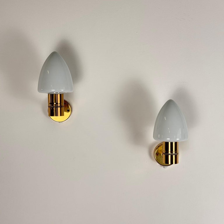 Pair of Hans-Agne Jakobsson Model V-220 Brass and Opaline Glass Sconces, 1960s