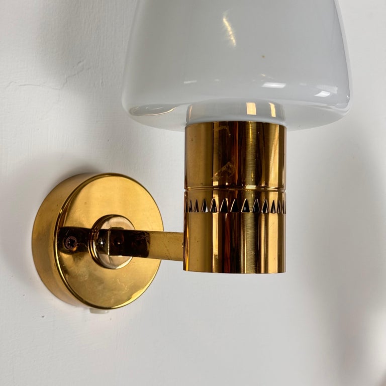 Pair of Hans-Agne Jakobsson Model V-220 Brass and Opaline Glass Sconces, 1960s