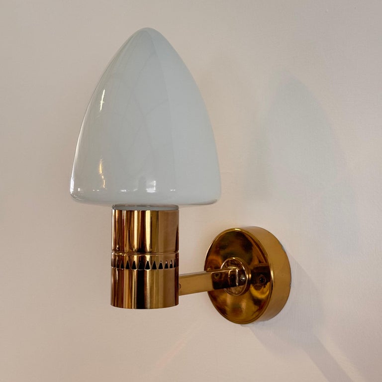 Pair of Hans-Agne Jakobsson Model V-220 Brass and Opaline Glass Sconces, 1960s