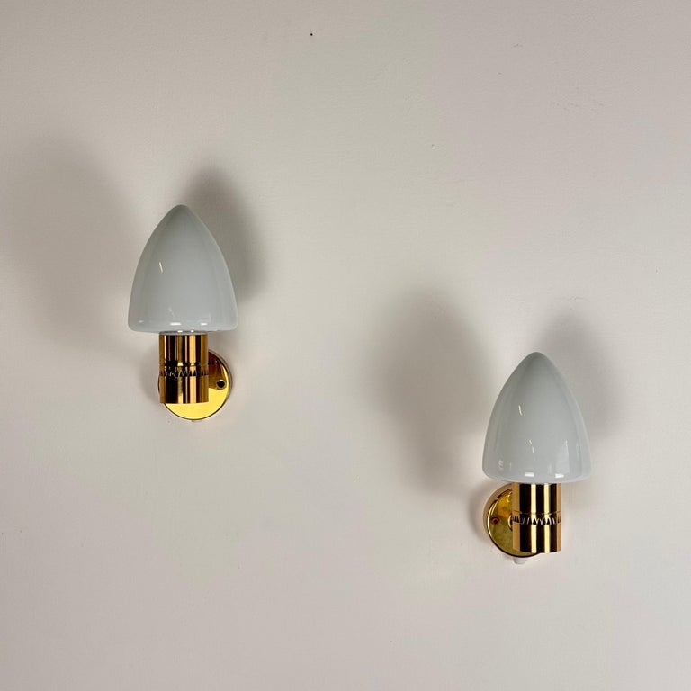 Pair of Hans-Agne Jakobsson Model V-220 Brass and Opaline Glass Sconces, 1960s