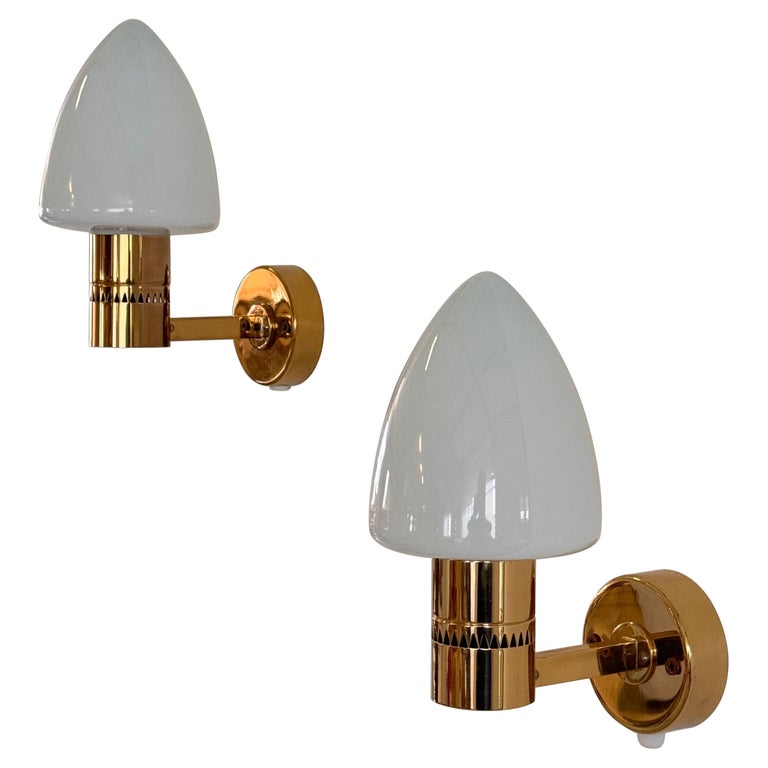 Pair of Hans-Agne Jakobsson Model V-220 Brass and Opaline Glass Sconces, 1960s