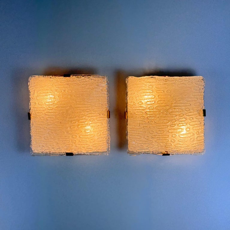 Pair of Murano Glass and Brass Sconces Attributed to Fontana Arte, 1960