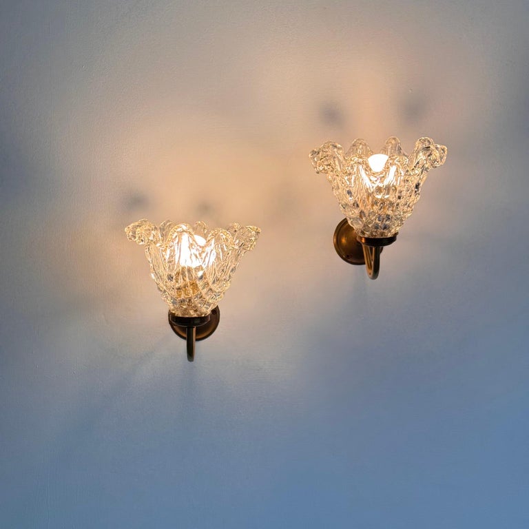 Pair of Murano Glass and Brass Wall Sconces by Barovier & Toso, 1940s
