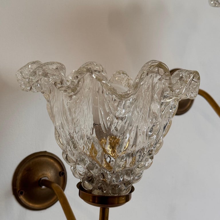 Pair of Murano Glass and Brass Wall Sconces by Barovier & Toso, 1940s