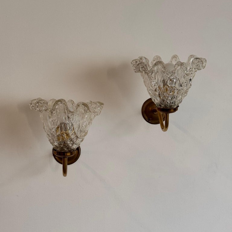 Pair of Murano Glass and Brass Wall Sconces by Barovier & Toso, 1940s