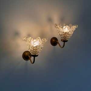 Pair of Murano Glass and Brass Wall Sconces by Barovier & Toso, 1940s
