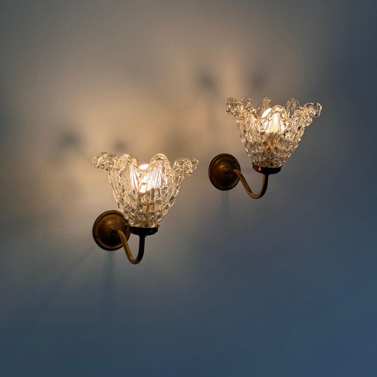 Pair of Murano Glass and Brass Wall Sconces by Barovier & Toso, 1940s