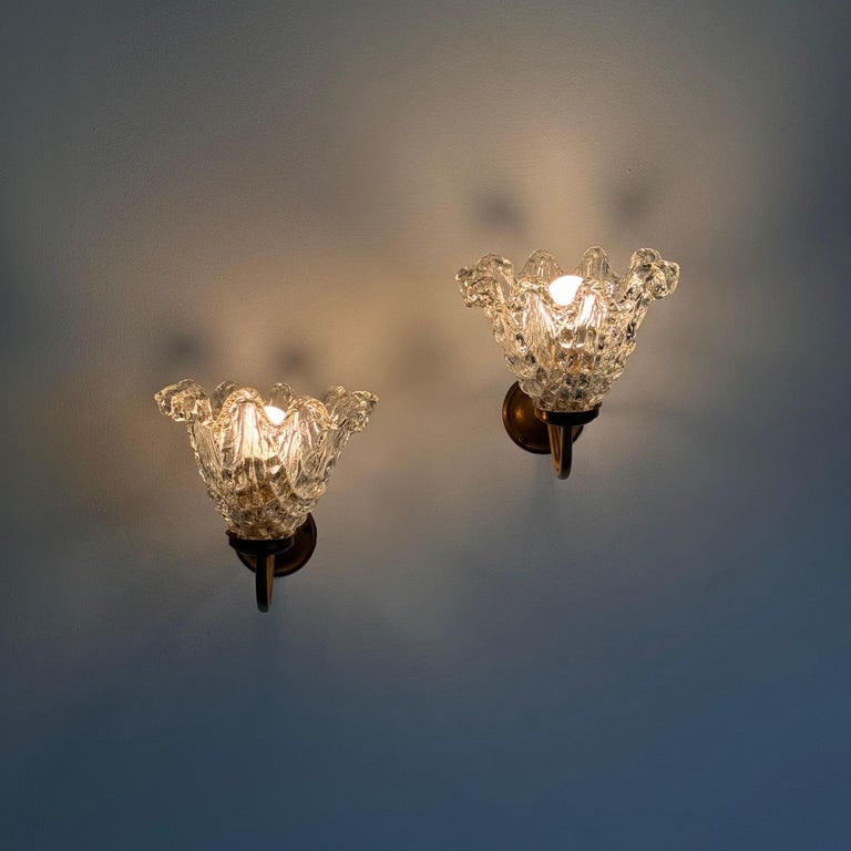 Pair of Murano Glass and Brass Wall Sconces by Barovier & Toso, 1940s