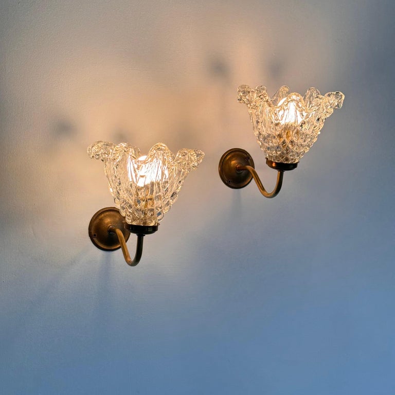 Pair of Murano Glass and Brass Wall Sconces by Barovier & Toso, 1940s