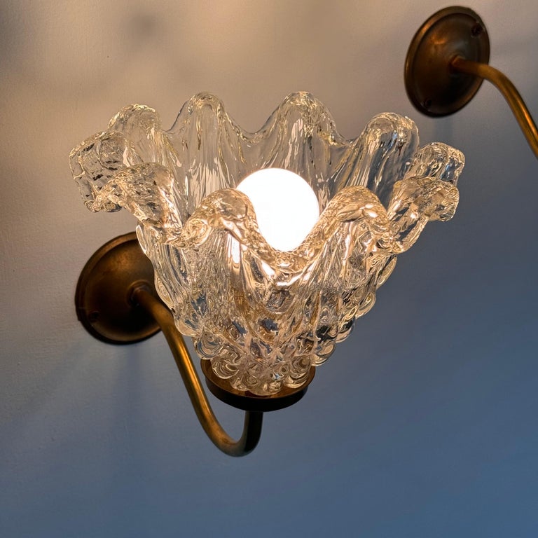 Pair of Murano Glass and Brass Wall Sconces by Barovier & Toso, 1940s
