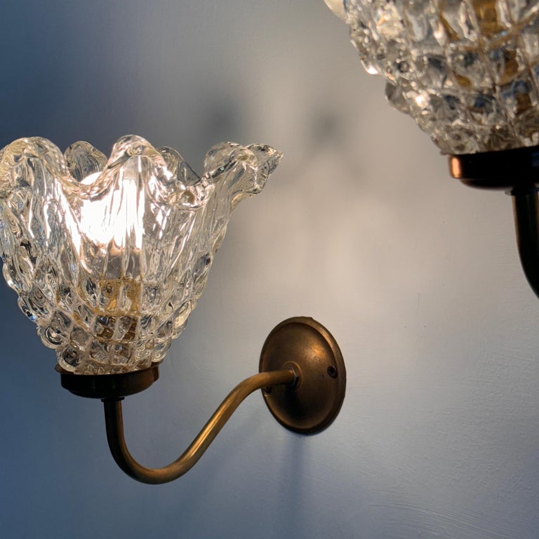 Pair of Murano Glass and Brass Wall Sconces by Barovier & Toso, 1940s