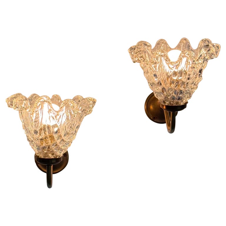 Pair of Murano Glass and Brass Wall Sconces by Barovier & Toso, 1940s