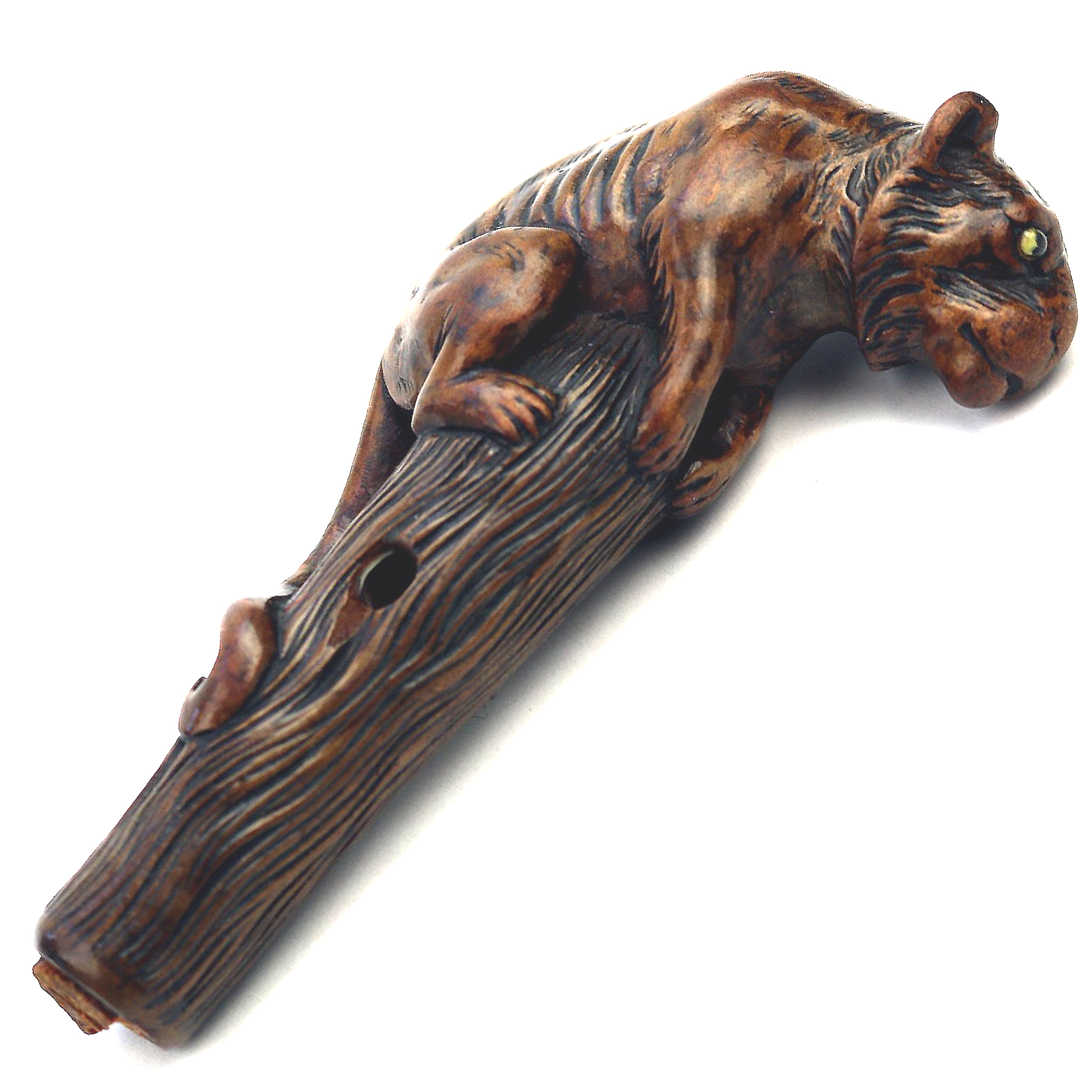 A good carved boxwood novelty Parasol Handle of a tiger glass eyes C.1900