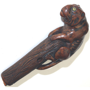 A good carved boxwood novelty Parasol Handle of a tiger glass eyes C.1900