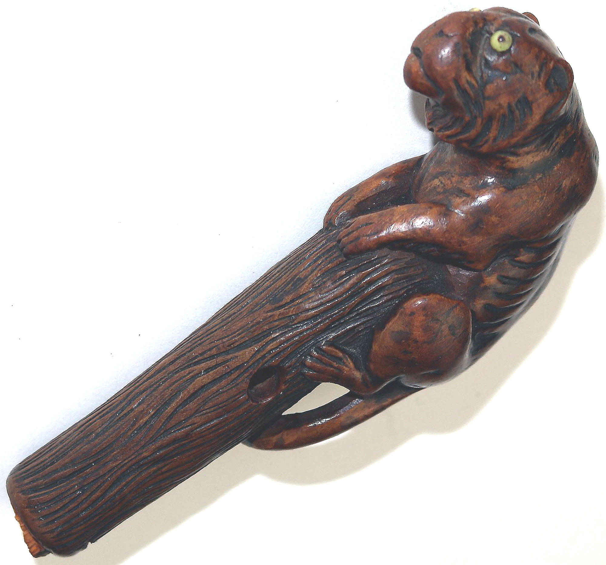 A good carved boxwood novelty Parasol Handle of a tiger glass eyes C.1900