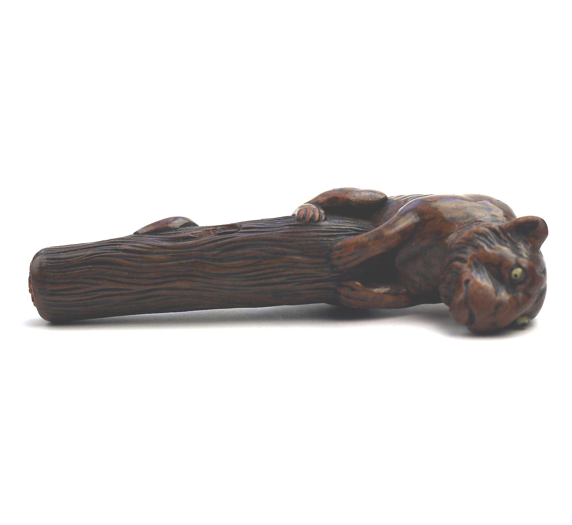 A good carved boxwood novelty Parasol Handle of a tiger glass eyes C.1900