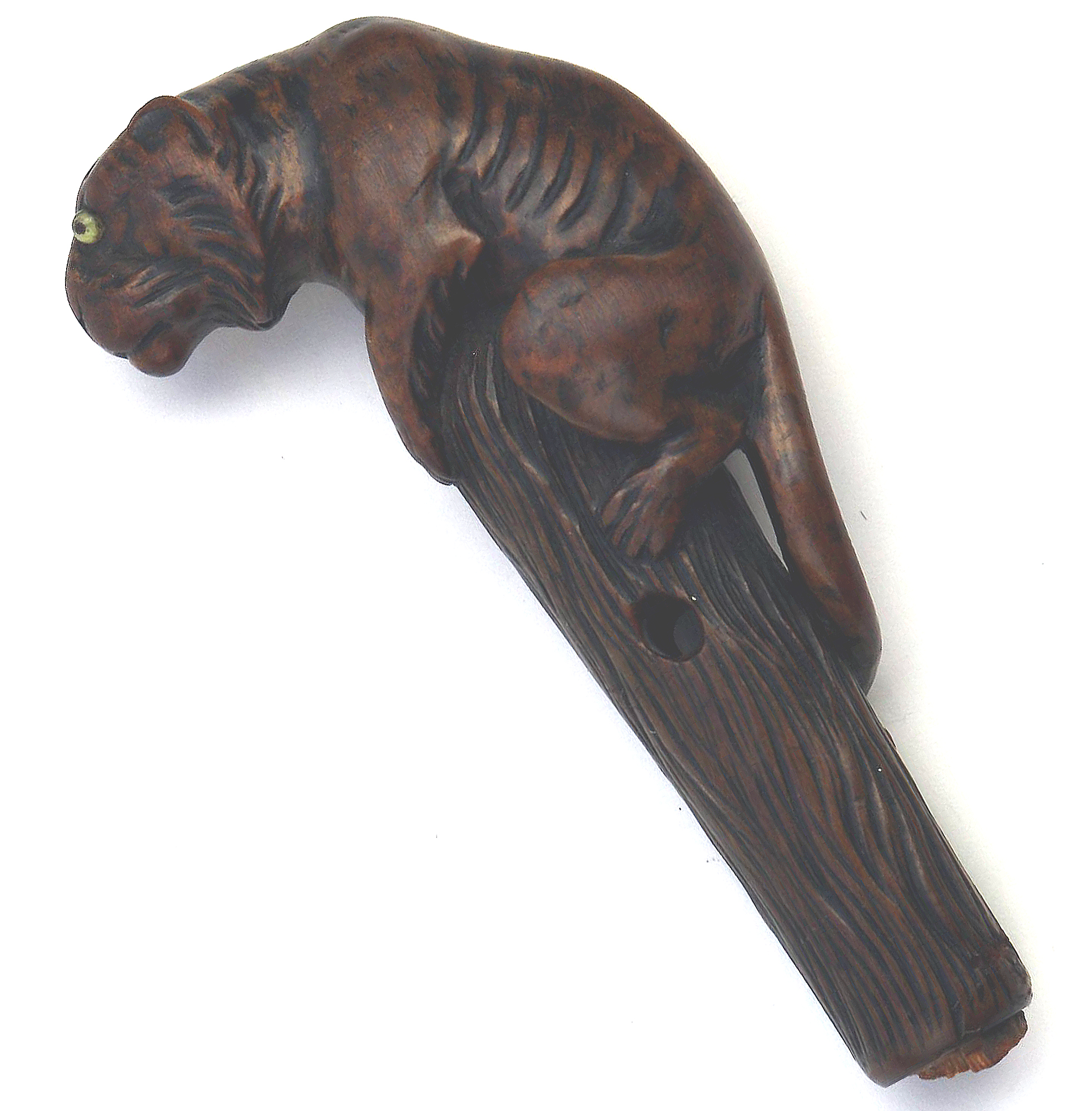 A good carved boxwood novelty Parasol Handle of a tiger glass eyes C.1900