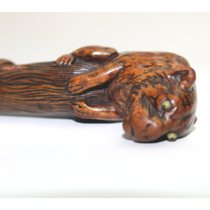 A good carved boxwood novelty Parasol Handle of a tiger glass eyes C.1900