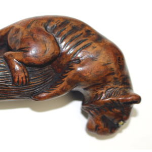A good carved boxwood novelty Parasol Handle of a tiger glass eyes C.1900