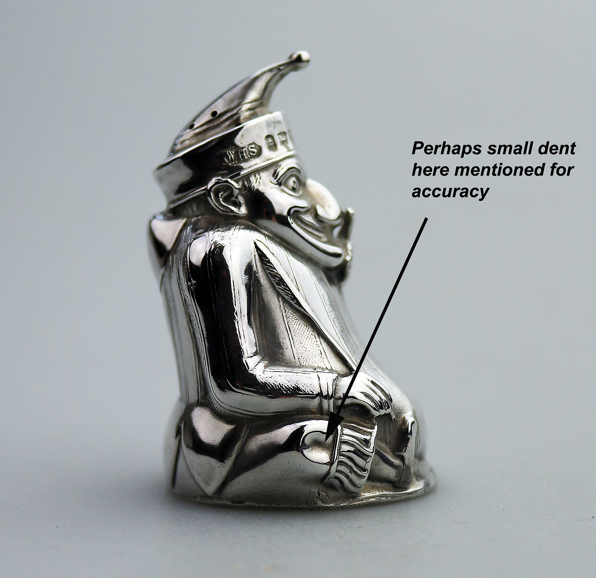 Extremely rare & fine antique English solid silver Mr Punch Pepper Pot 49g 1903