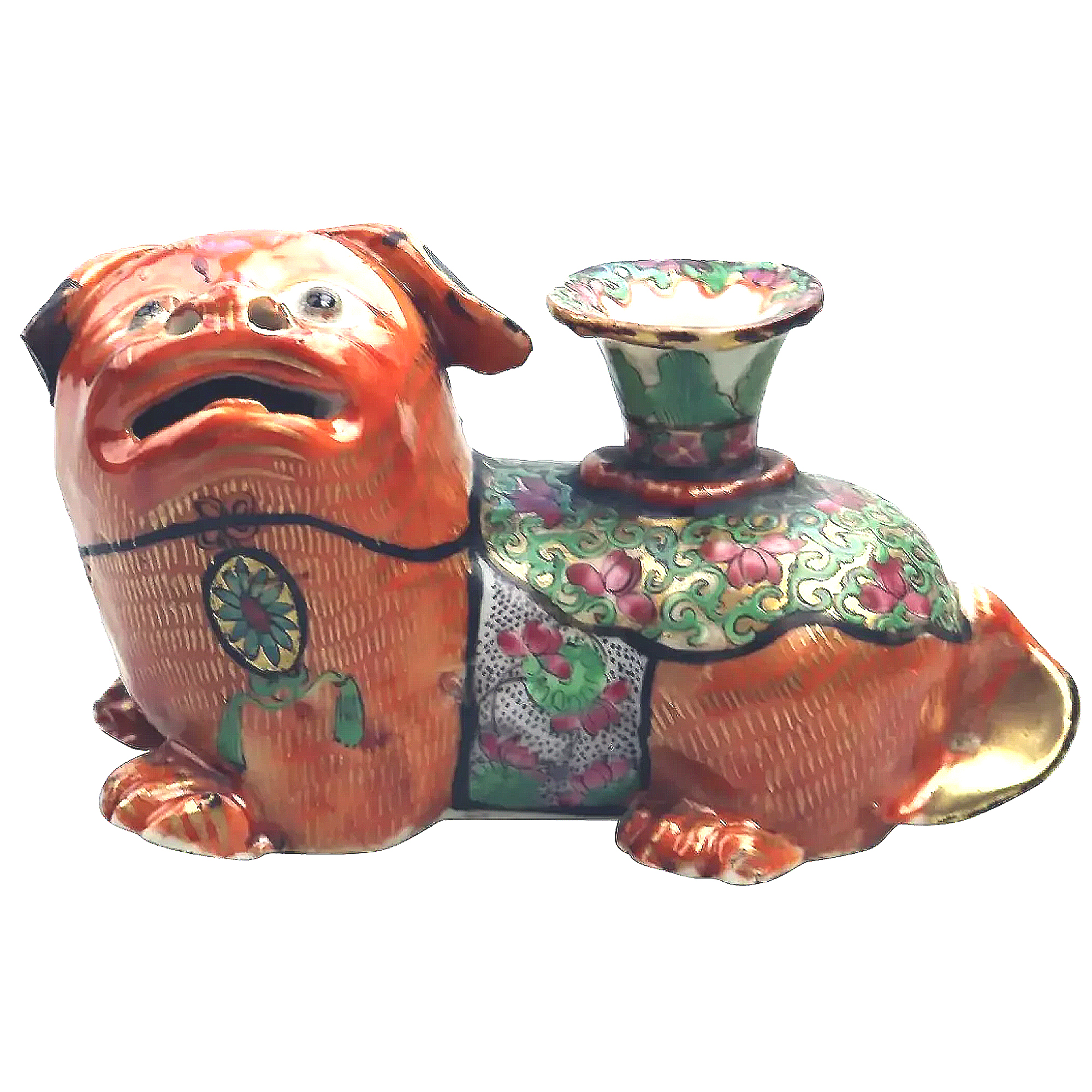 Antique Qing Chinese Canton famille rose porcelain Buddhist lion Candlestick