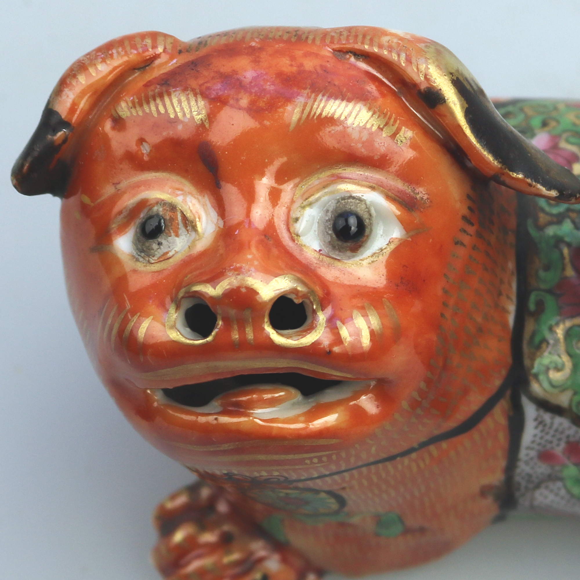 Antique Qing Chinese Canton famille rose porcelain Buddhist lion Candlestick