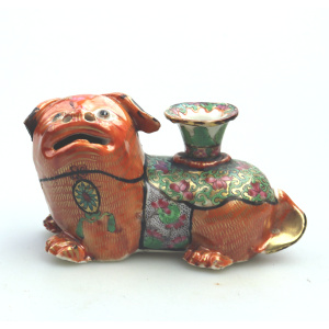 Antique Qing Chinese Canton famille rose porcelain Buddhist lion Candlestick