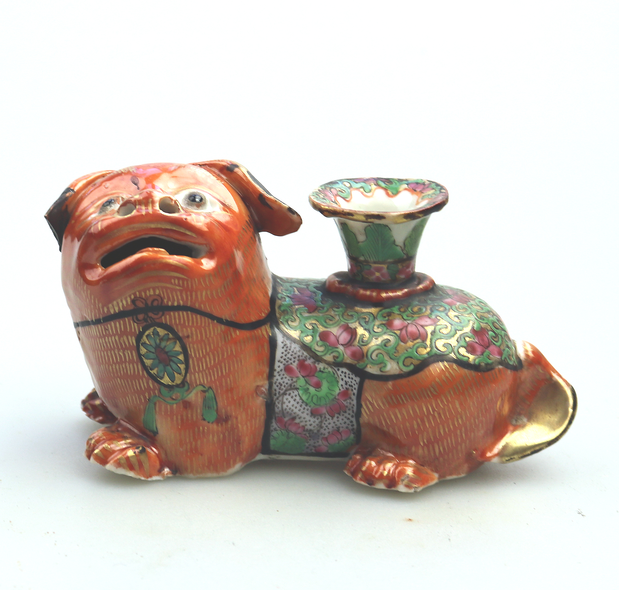 Antique Qing Chinese Canton famille rose porcelain Buddhist lion Candlestick