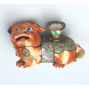 Antique Qing Chinese Canton famille rose porcelain Buddhist lion Candlestick