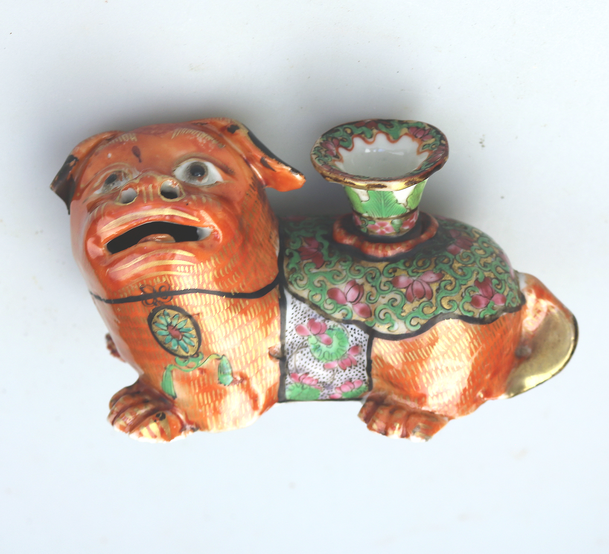 Antique Qing Chinese Canton famille rose porcelain Buddhist lion Candlestick