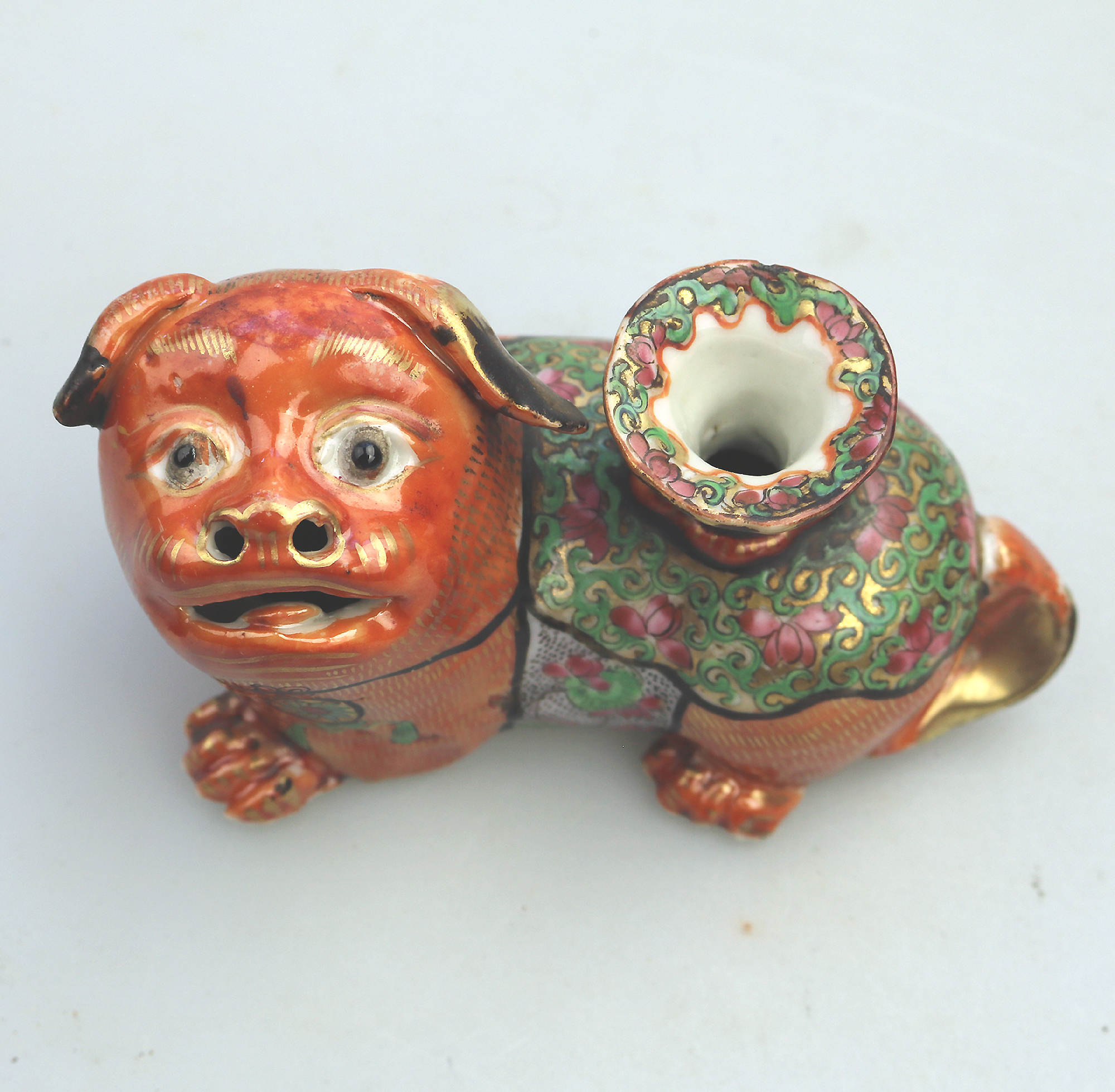 Antique Qing Chinese Canton famille rose porcelain Buddhist lion Candlestick
